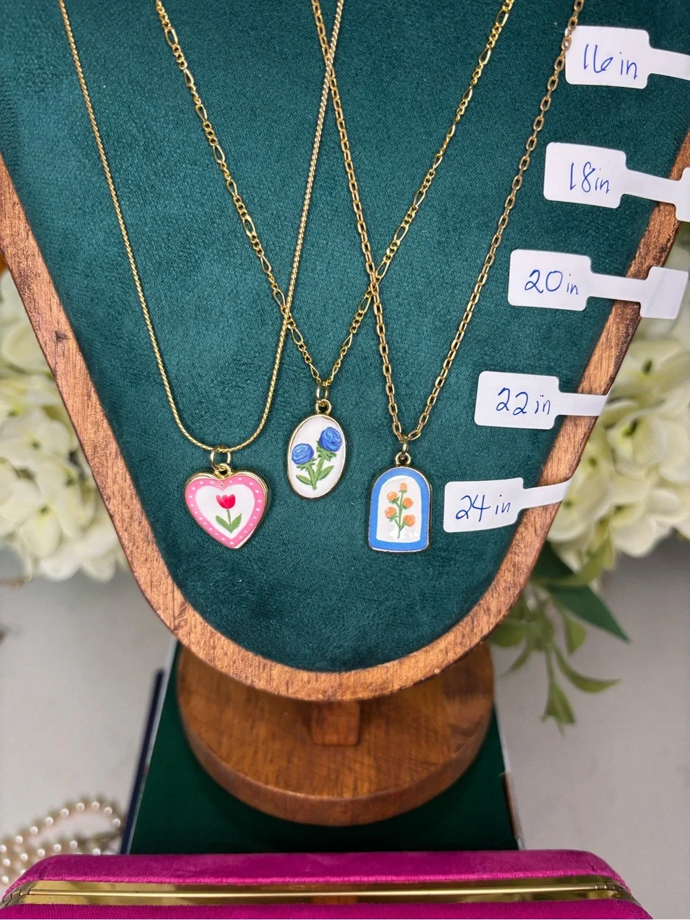 3 Gold-Tone Floral Heart & Arch Pendant Necklaces - Avon Pink, Blue, White